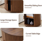 Farmhouse Round End Table with Charging Station, 24" Large Fluted Sofa Side Table with Sliding Tambour Door & Storage, Mid-Century Wood Nightstand for Living Room, Bedroom (Walnut)