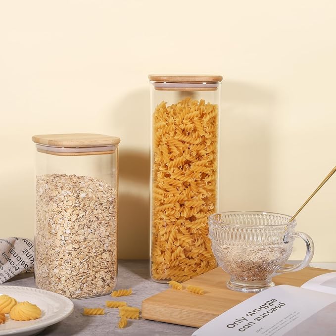 Glass Food Storage Jars 76 oz Set of 3,Glass Storage Containers Clear Glass Food Canister with Bamboo Lid Airtight For Serving Tea, Coffee, Flour, Sugar, Candy, Cookie, Spice and More (Square)