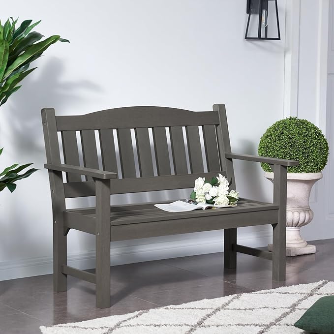 Psilvam 2-Person Outdoor Memorial Bench, All-Weather Poly Lumber Garden Bench, Rot-Resistant Outdoor Patio Bench for Park,Porch,and Church(Grey)
