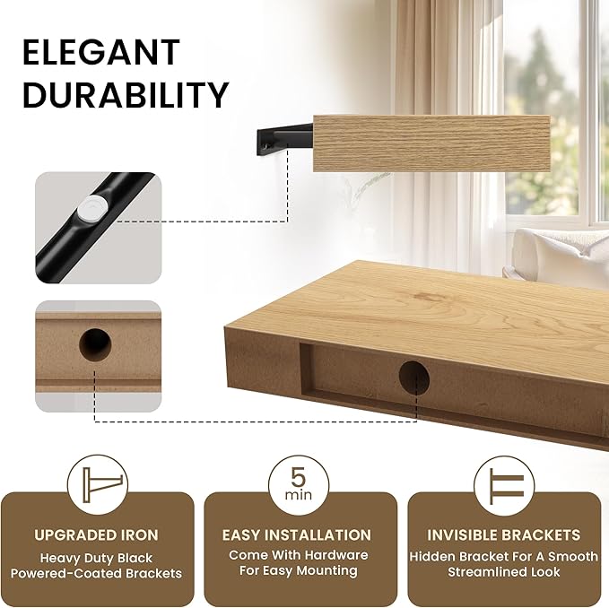 Floating Shelves for Wall, 48" W x 9.3" D x 1.5" H, Wooden Wall Mounted Display Shelves with Invisible Brackets for Living Room, Bedroom, Bathroom, Kitchen Decor and Storage, Set of 1, Oak