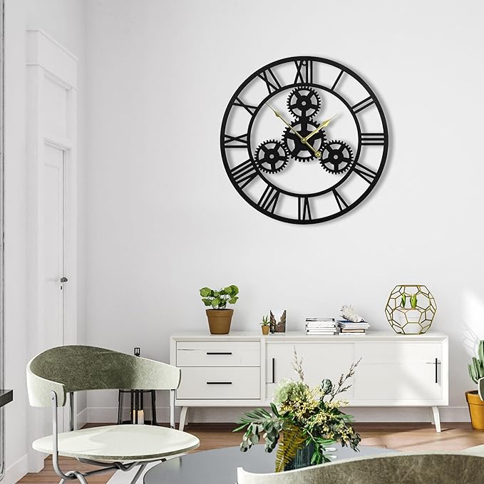 24inches/60cm Wall Clocks for Living Room Deco Non Ticking Silent Battery Operated Metal Modern Vintage Roman Numeral Oversized Gear Wall Clocks for Bedroom Kitchen Fireplace Office Farmhouse