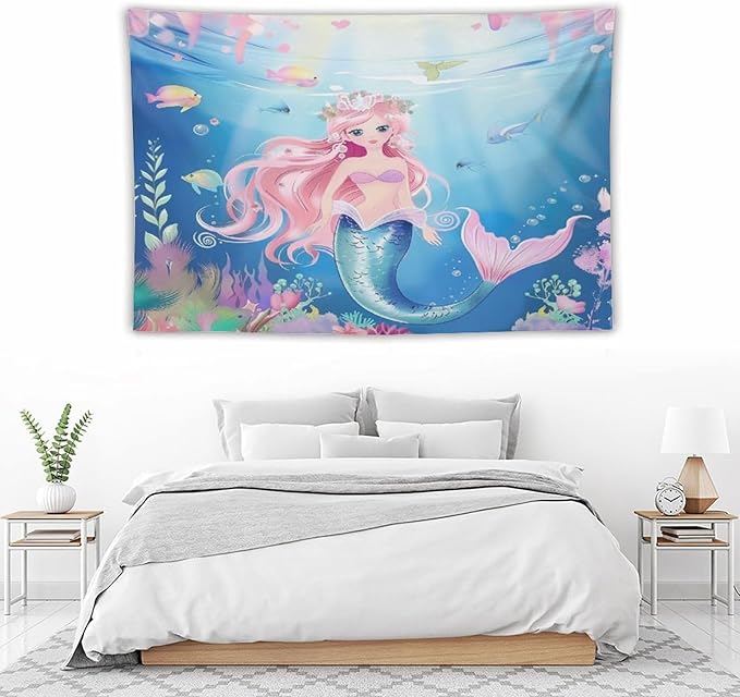 HZOHNAGO Mermaid Girls Tapestry Watercolor Mermaid Princess Pattern Printed Wall Tapestry Wall Hanging for Bedroom Living Room Dorm 60" W x 40" H