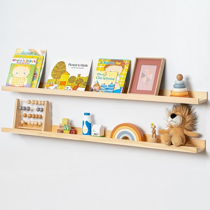 Picture Ledge Shelf for Wall, 48 inch Solid Pine Wood Nursery Book Shelves 2 Packs, Floating Ledge Shelves for Kids' Room Bedroom Bathroom Living Room Photo Frames Office Nursey Wall Decor, Natural