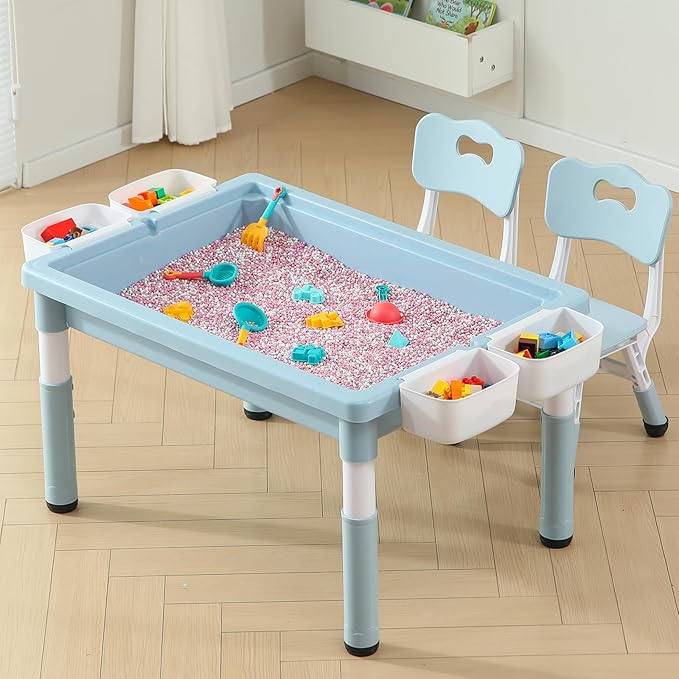 Multi Functional Kids Table and 2 Chairs Set, Graffiti & Building Blocks Double-Sided Tabletop, Toddler Play Table with Drawers, Large Storage Space, Gift for Boys/Girls, Blue