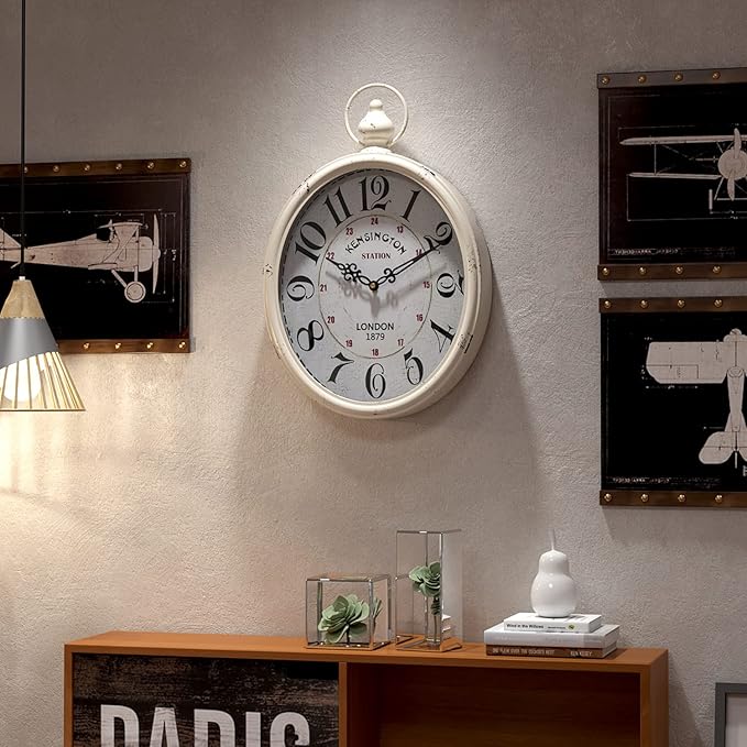 Menterry Oval Retro Wall Clock, Rustic Vintage Style, White Antique Design, Battery Operated Silent Decor Large Wall Clocks for Kitchen,Farmhouse,Office (15.5" H x 10.5" W)