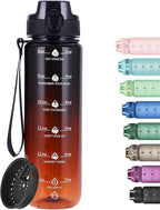 32oz Motivational Water Bottles with Time Marker & Fruit Strainer, Transparent Gradient Color Water Bottle with Times to Drink, Leakproof & BPA Free, Reusable Bottle with Strap (No Straw)