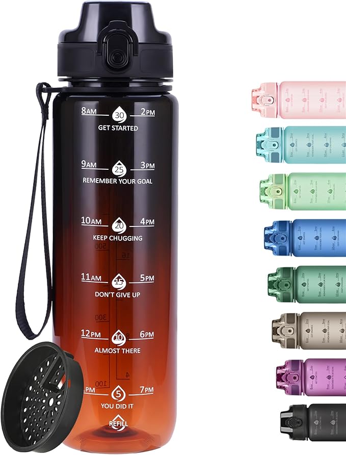 32oz Motivational Water Bottles with Time Marker & Fruit Strainer, Transparent Gradient Color Water Bottle with Times to Drink, Leakproof & BPA Free, Reusable Bottle with Strap (No Straw)