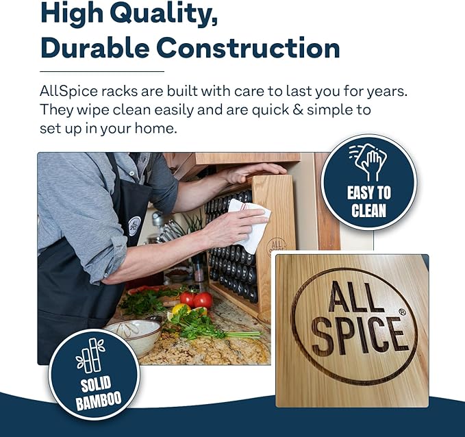 AllSpice Spice Rack Organizer, Wood, 525 Unique Labels, Countertop or Wall Mount, Includes 60 4oz Jars- Cherry Stain