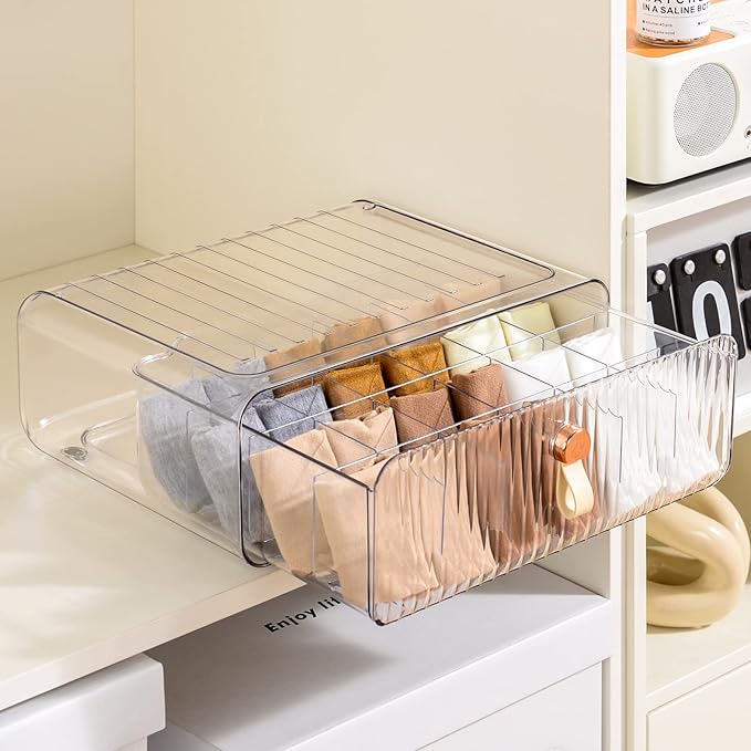 Underwear Organizer for Closet, Acrylic Socks Bra Underwear Drawer Organizer with Dividers, 24 Cell Stackable Closet Organizer and Storage Drawer for Clothing, Baby Clothes, Bra, Ties, Scarf
