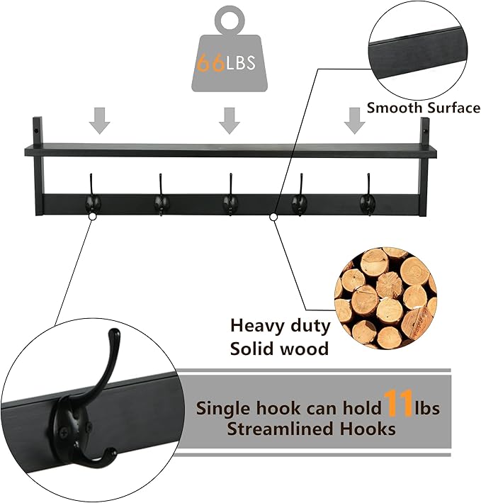 AMBIRD Wall Hooks with Shelf Entryway Hanging Wood Coat Hooks with Shelf Wall-Mounted Coat Hook Rack with 5 Dual Hooks for Bathroom, Living Room, Bedroom (Stylish)