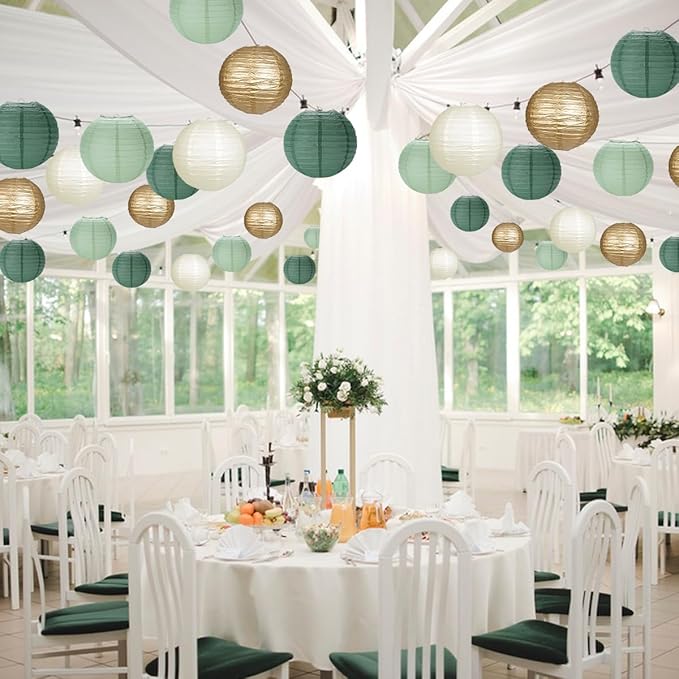 Paper Lanterns Sage Green Gold Round Hanging Chinese Lanterns for Birthday Party Baby Shower Bridal Shower Decorations Pack of 12