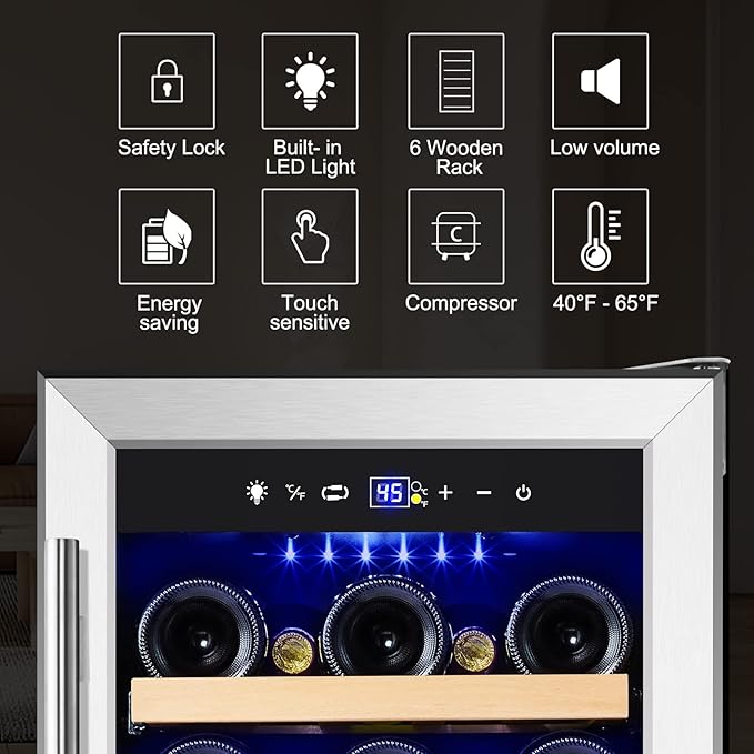 Tylza 15 Inch Wine Cooler Under Counter, 33 Bottle Built-in Wine Fridge with Stainless Steel Tempered Glass Door, Temp Memory Function, Freestanding Fast Cooling Wine refrigerator, Quiet Operation