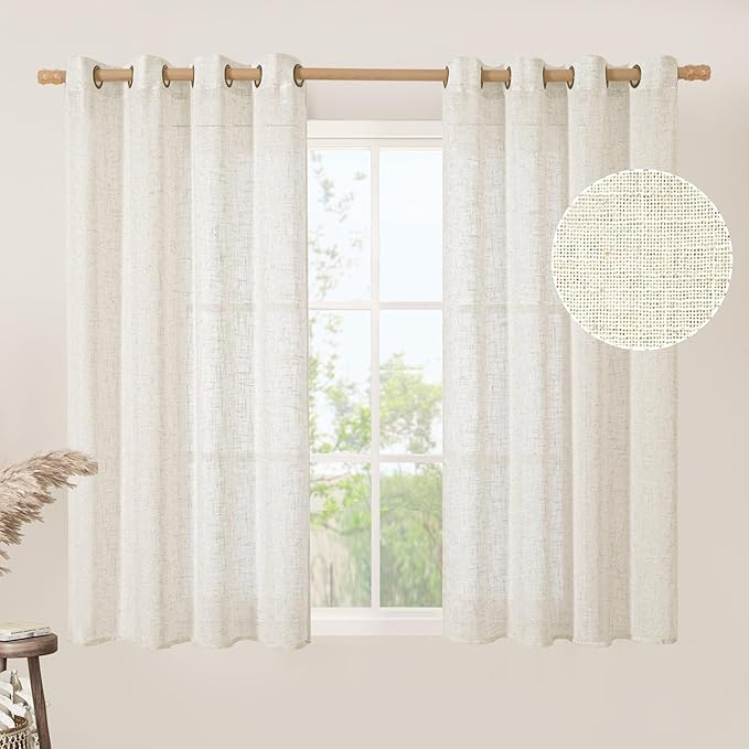 LAMIT Natural Linen Semi Sheer Curtains 45 Inch Length, Light Filtering Short Linen Neutral Decorative Window Drapes with Bronze Grommet for Bedroom/Kitchen, Cream Ivory, 2 Panels Set, 52 X 45 Inch