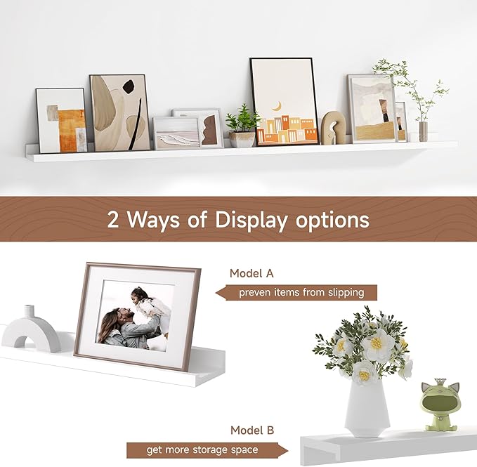 Floating Picture Ledge Shelves for Wall Set of 2, 55 Inches Picture Shelf with Ledge, Nursery Book Shelf for Toys Storage Kids Bookshelf Wall Mounted Living Room Bedroom Decor Frames, White