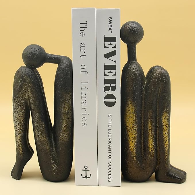 Lukitas Thinker Decorative Bookends, Non-Slip Book Holder, Book Ends for Shelves Living Room Office Home Decor, Resin, 1Pair/2Piece 9''