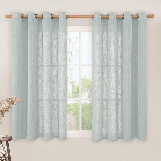LAMIT Greyish Blue Linen Curtains 45 Inches Long for Bedroom, Light Filtering Panels Bronze Grommet Neutral Drapes for Kitchen/Window/Loft Room, 52 x 45 Inch, 2 Panels