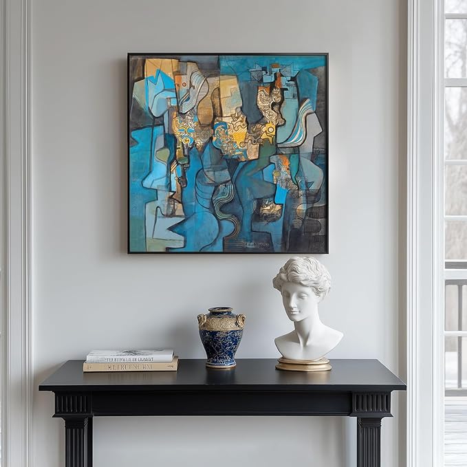 Framed Blue Modern Abstract Wall Art, Large Canvas Paintings Artwork for Walls, Minimalist Art Prints Pictures for Living Room, Hallway, Bedroom, Office, Bathroom Wall Decor -24x24 Inch