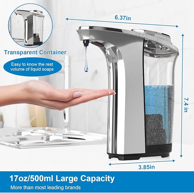 Automatic Soap Dispenser, Touchless Dish Soap Dispenser 17oz/500ml with Infrared Sensor, 5 Adjustable Soap Levels, Liquid Dispenser for Bathroom Kitchen (Silver)