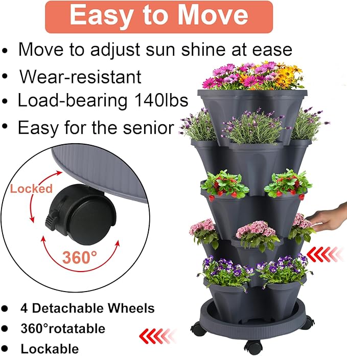 Vertical Planter 5 Tier Stackable Planters Garden Planters Strawberry Herb Flower and Vegetable Planter Indoor Outdoor Gardening Pots with Removable Wheels and Tools