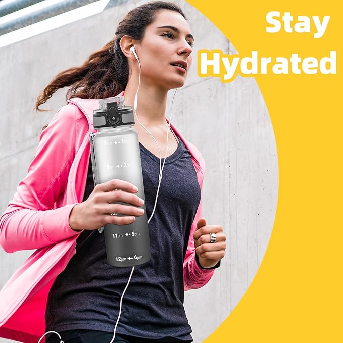 OLDLEY 32 oz Water Bottle, Motivational Water Bottle with Time Marker, Sports Water Bottle With Strap, Leakproof & BPA Free Large Water Bottles for School, Gym, Travel, Outdoor, Tritan,White&Black