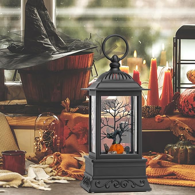 Halloween Snow Globe Black Cat Lantern, Glitter Lighted Snow Globes Halloween Decorations for Home, Light Up Snowglobe Halloween Décor