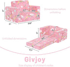 Toddler Chair Kids Couch, 2-in-1 Comfy Armchair with Removable and Washable Cover Carrying Handle, Convertible Reading Chair Toddler Couch for Girls and Boys, Pink Rainbow