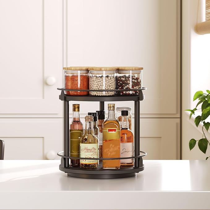 Lazy Susan Organizer, Rotating Spice Rack, 2 Tier Spice Turntable Organizer, Industrial Turntable Spice Holder, for Kitchen Countertop and Cabinet, Compact and Versatile, Black SR22BK