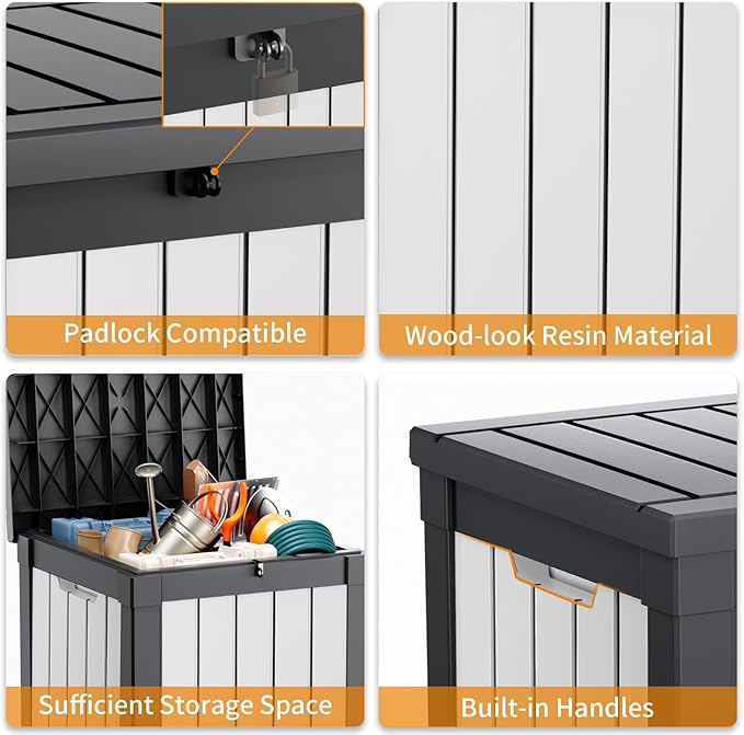 Vixzen 50 Gallon Resin Deck Box, Lockable Outdoor Storage Box for Patio Cushions Storage Furniture,Garden Tools, Pool Supplies, Weatherproof and UV Resistant- Black and White