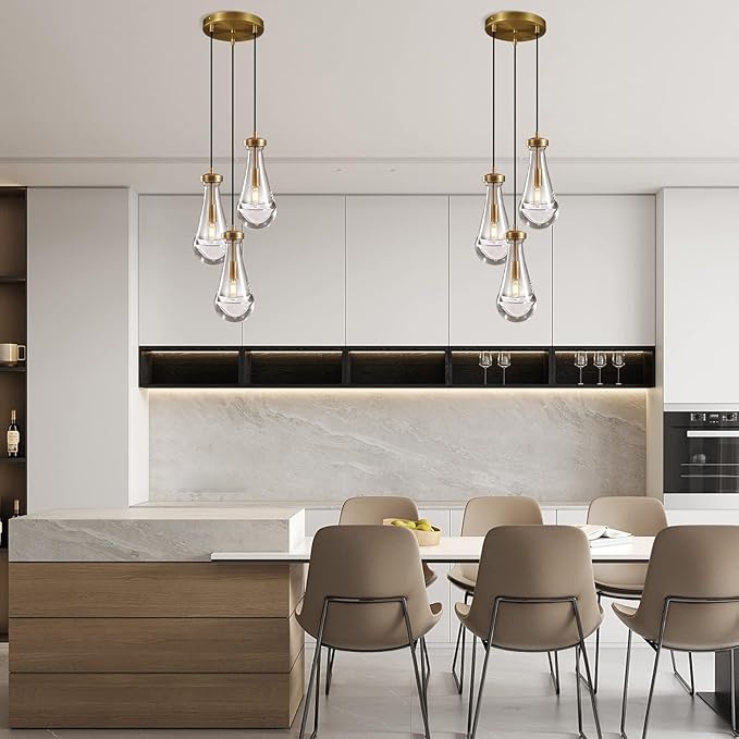Brass 3 Light Pendant Lighting for Kitchen Island, Raindrop Cluster Pendant Light Fixture, Adjustable Hanging Rope Glass Chandelier Dining Room Light Fixture Ceiling Lamp for Foyer Hallway
