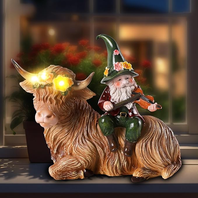 Solar Highland Cow Figurines for Garden with Gnome Playing The Violin 6.7" Resin Garden Gnomes Outdoor Patio Yard Lawn Porch Decor Birthday Housewarming Gifts for Women Mom Grandma Wife Sister Friend