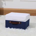 ANMINY Storage Boxes with Lids Washable Decorative Storage Bins Basket with PU Leather Handle Foldable Linen Fabric Storage Cubes Containers for Home Closet Organizer - Deep Blue White, Small Size