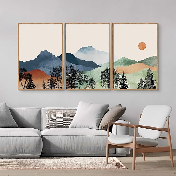 SIGNINART Boho Mountain Framed Canvas Wall Art Set of 3, Watercolor Nature Landscape Set Art Prints, Modern Sunrise Art Paintings, Green Forest Wall Decor for Living Room, Bedroom, Office 16"x24"x3