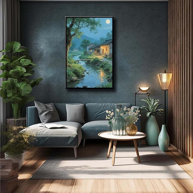 Moonlight under the big tree creek cabin scenery is suitable for posting in the living room bedroom office scenery poster wall painting