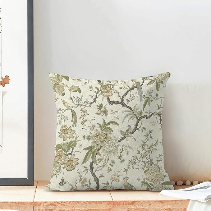 CXMEIFLY Spring Floral Birds Pillow Covers 24 x 24 Inch Set of 2 for Chinoiserie Flowers Decor Throw Pillows Sage Green Plant Outdoor Decorative Cushion Cases for Couch Bed Decorations