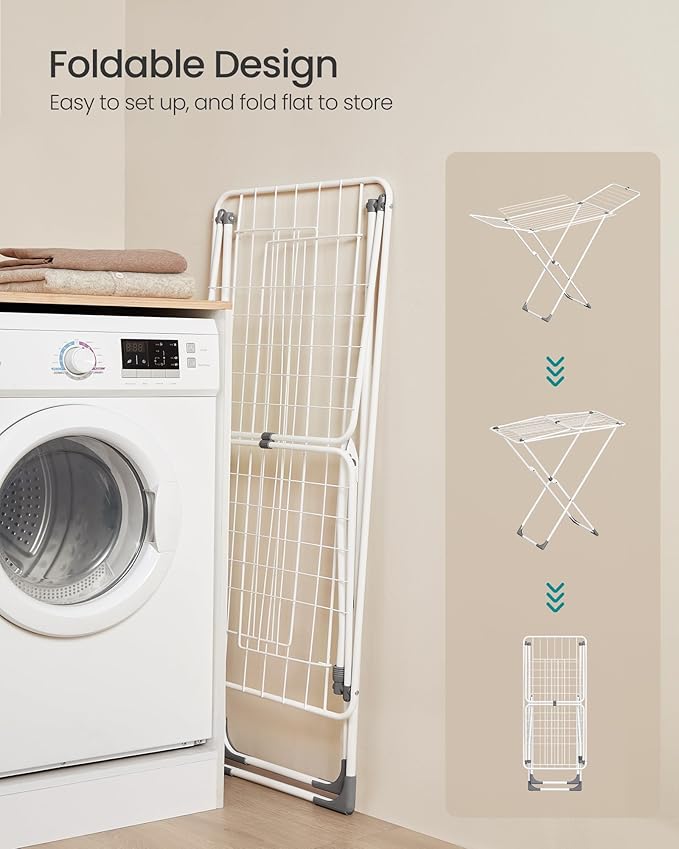 SONGMICS Clothes Drying Rack, Metal Laundry Drying Rack, Foldable, Space-Saving, Free-Standing Airer, with 4 Gullwings, Indoor Outdoor Use, Bed Linen Clothing, White ULLR541W01