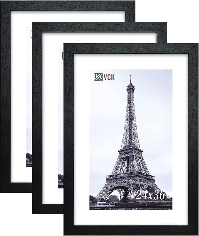 VCK 24x36 Solid Wood Poster Frames Black 3 Pack Picture Frame with Wall Mounting Hanging