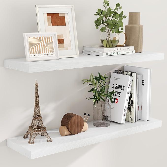 40 Inch Floating Shelves White, 40" W x 9" D Floating Shelf Set of 2, Farmhouse Wood Wall Shelves for Bedroom, Kitchen, Wall Mounted Deep Shelving for Home Decor