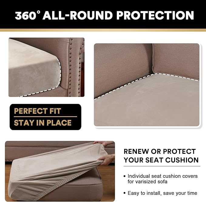 PrinceDeco Stretch Velvet Couch Cushion Cover,Soft Fitted Cushion Slipcover for Arm Chair Sofa Cushion Furniture Protector Seat Cushion Sofa Cover Width Up to 29.5", Oatmeal
