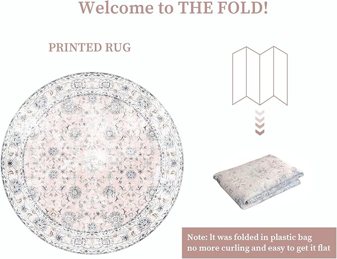 4'x4' Vintage Floral Rug - Persian Inspired Low-Pile Faux Wool Area Rug, Non-Slip Washable Round Rug for Bedroom, Nursery, Dorm, Soft Pink Boho Chic Decor