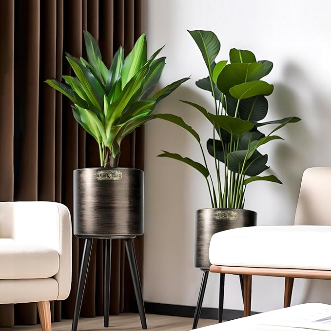 Harvest Land Plant Pots with Stand, Set of 2 Large Modern Planters Metal Tall Handmade Flower Pots with Drainage Holes Indoor Outdoor,Black