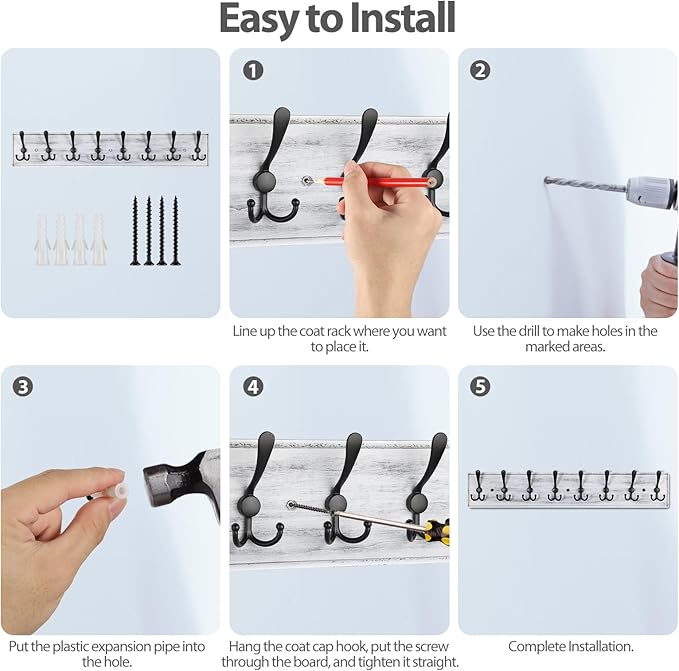 Coat Rack Wall Mount, Wooden Heavy Duty Coat Rack for Wall,8 Triple Coat Hanger Hooks for Hanging Coats,Jacket,Hat,Clothes (Grey White, 8 Hooks)