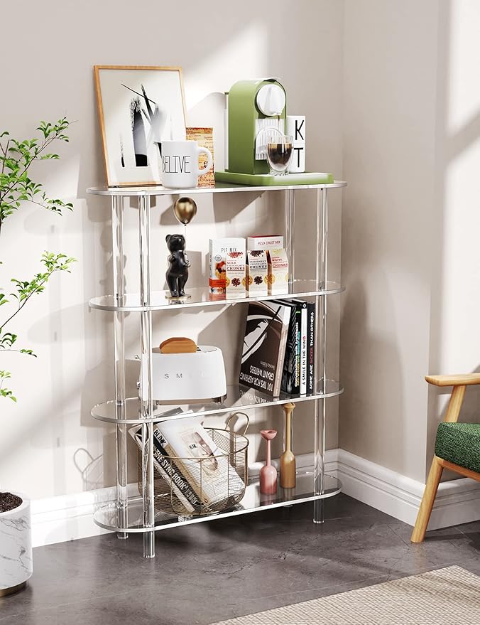 Clear Bookshelf, Acrylic Bookcase with Open Book Shelf Console Table for Entryway Office Living Room Bedroom (4 Tier Clear)