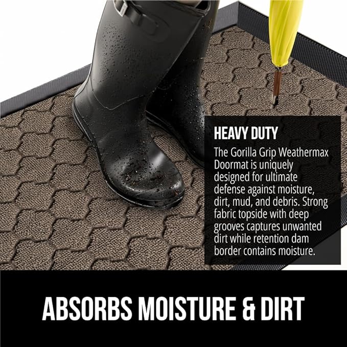GORILLA GRIP 100% Waterproof All-Season WeatherMax Doormat US Designed Natural Rubber, Stain and Fade Resistant, Low Profile Indoor Outdoor Door Mats, Easy Clean Patio Mat, 17x29, Latte Quatrefoil