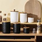 Black White Ceramic Coffee Canister Tea Canister with Seal Wood Lid, Airtight Coffee Storage Container for Coffee Bean, Ground Coffee, Sugar, Cookie Candy jar (Black three piece)