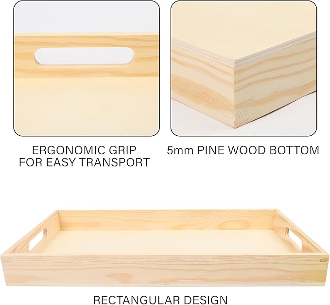 LotFancy Wooden Nested Serving Trays, Set of 5, Unfinished Natural Wood Trays with Handles, for Craft and Decor, Food Organizer for Breakfast, Lunch, Dinner