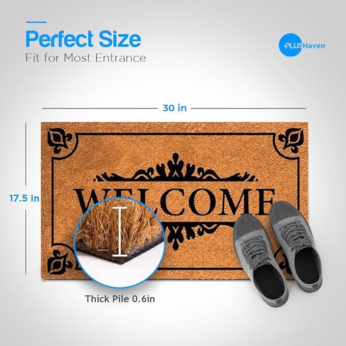 PLUS Haven Coco Coir Door Mat with Heavy Duty Backing, Natural Welcome Doormat, 17.5”x30” for Entrance, Front Porch, Easy to Clean Entry Mat, Outdoor and Indoor Uses, Home Décor