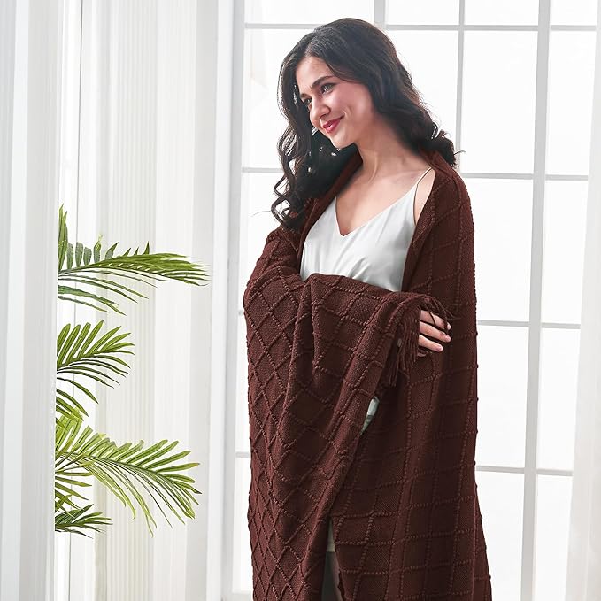 inhand Knitted Throw Blankets for Couch and Bed, Soft Cozy Knit Blanket with Tassel, Diamond Brown Lightweight Decorative Blankets and Throws, Farmhouse Warm Woven Blanket for Men and Women, 60"x80"