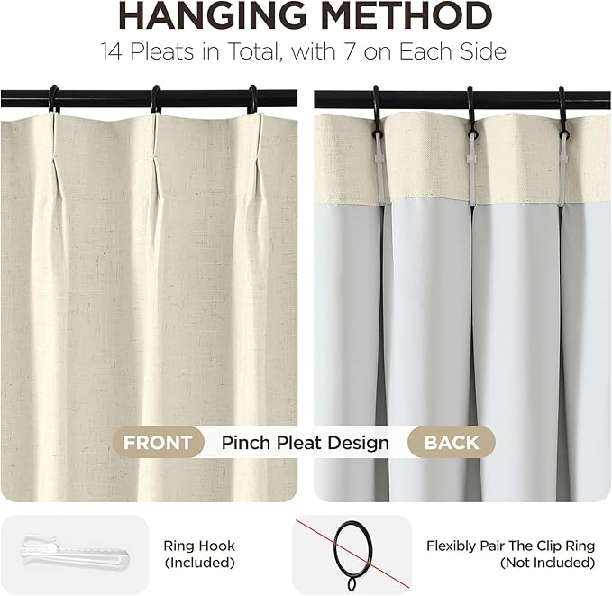 Joydeco Pinch Pleated Linen Curtains Darkening Drapes for Bedroom, 100% Blackout Drapes 96 inches Long 2 Panels Heat Blocking Curtains(Linen,40'' Wx96'' L)