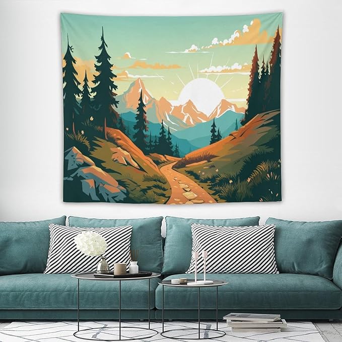 HZOHNAGO Mountain Tapestry Forest Mountain Sunrise Road Pattern Printed Wall Tapestry Wall Hanging for Bedroom Living Room Dorm 60" W x 50" H