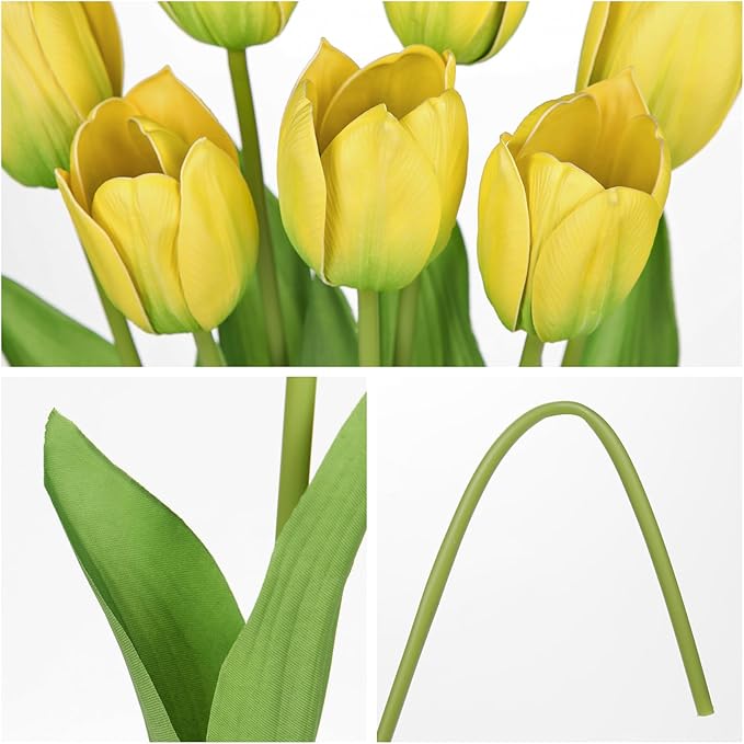 Artificial Tulips Flowers – 20" Long Stem Faux Tulips, 10PCS Real Touch Fake Yellow Tulip for Vase, Farmhouse, Kitchen, Spring & Wedding Home Decor